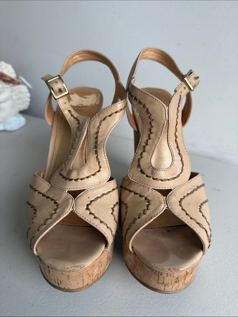 Aldo Tan Leather Cork Platform Wedge Sandals
